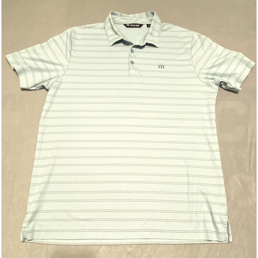 Travis Mathew‎ Mens L Performance Golf Polo Shirt Light Blue Grey Striped
